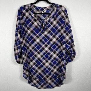 Cato Est 1946 Tunic Top Blouse Pullover Plaid Roll Tab Sleeve Casual Women's L